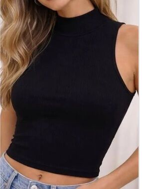 Zara Black Ribbed Mock Neck Sleeveless Tank